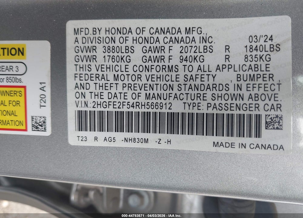 2024 HONDA CIVIC SPORT VIN: 2HGFE2F54RH566912