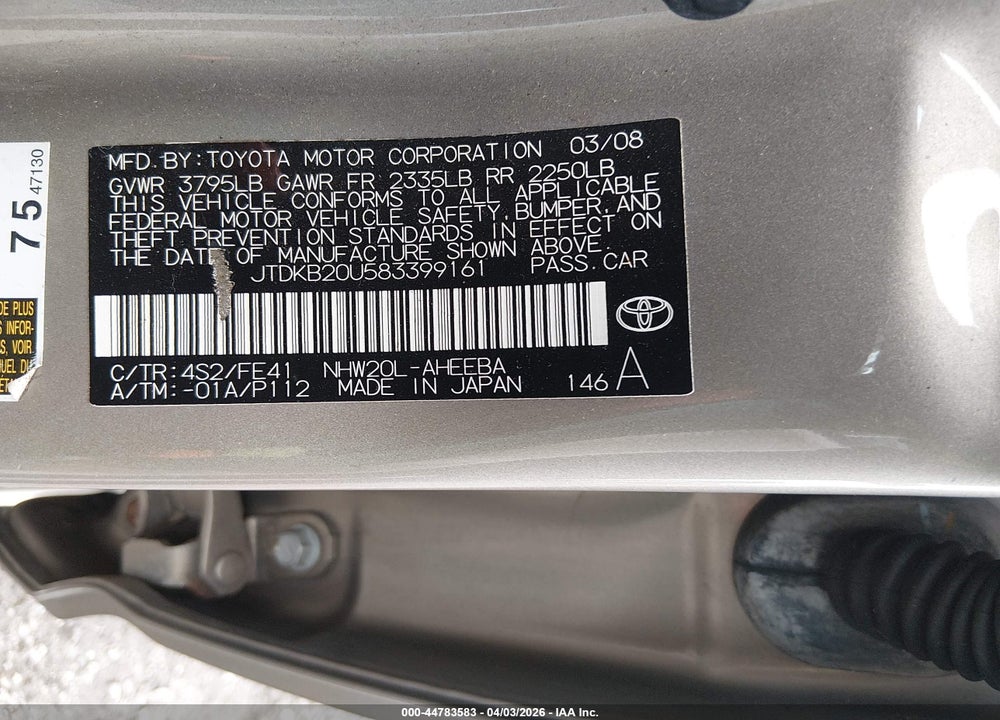 2008 TOYOTA PRIUS VIN: JTDKB20U583399161