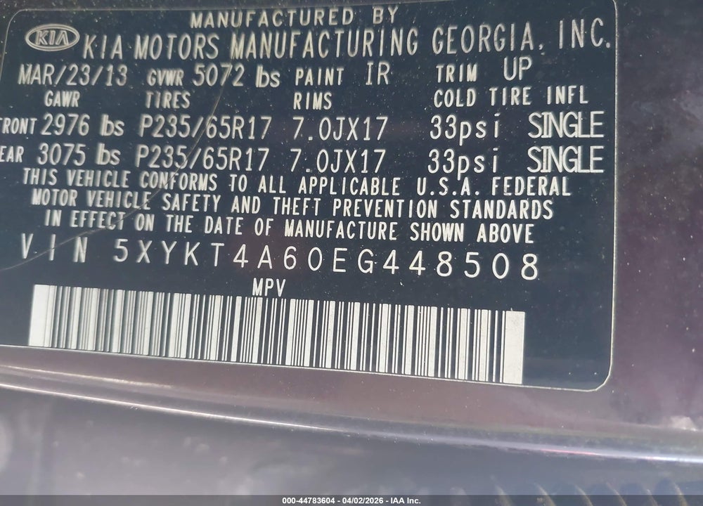 2014 KIA SORENTO LX VIN: 5XYKT4A60EG448508
