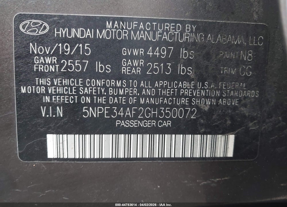 2016 HYUNDAI SONATA SPORT VIN: 5NPE34AF2GH350072