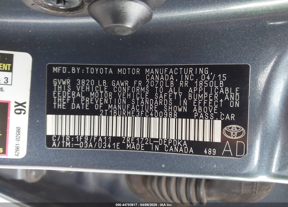2015 TOYOTA COROLLA L VIN: 2T1BURHE3FC400988