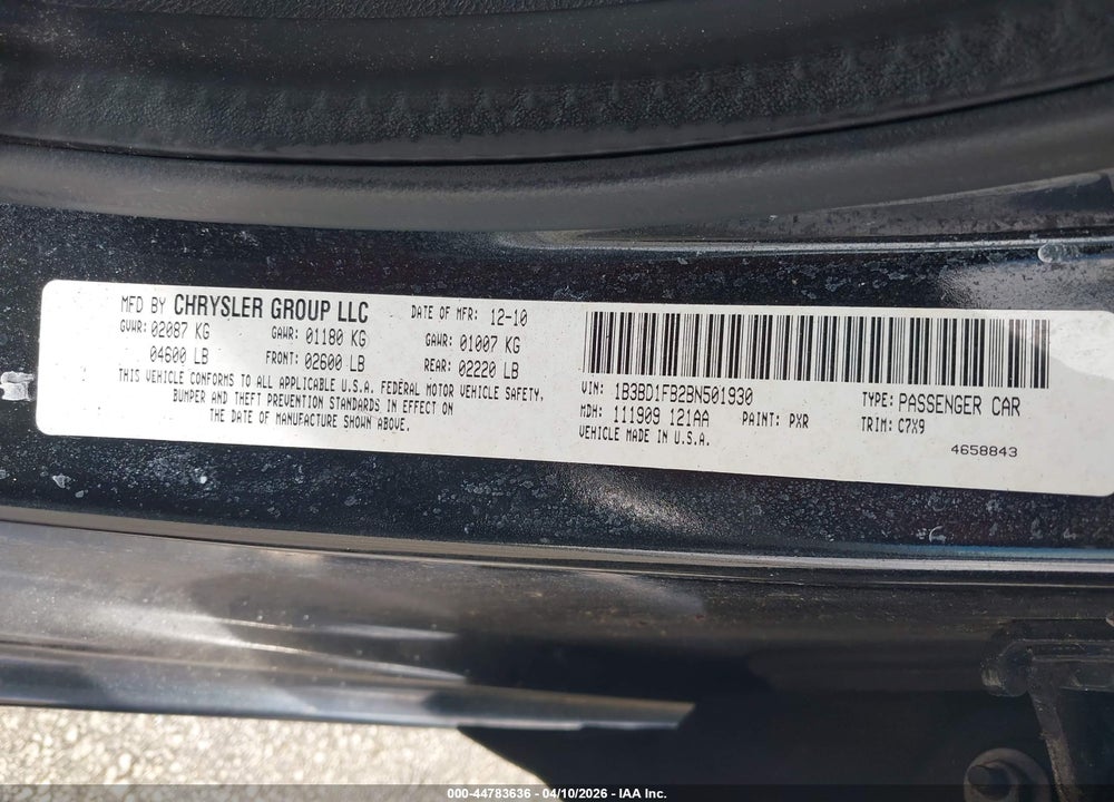 2011 DODGE AVENGER MAINSTREET VIN: 1B3BD1FB2BN501930
