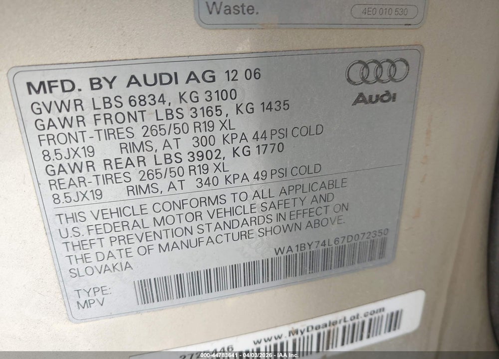 2007 AUDI Q7 3.6 PREMIUM VIN: WA1BY74L67D072350