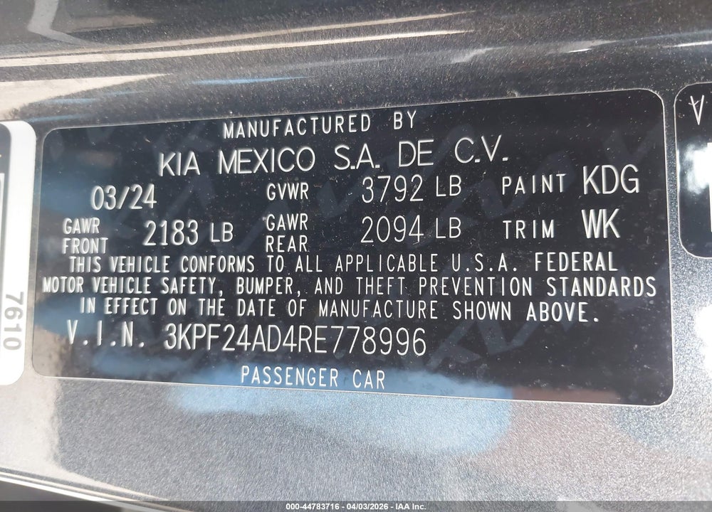2024 KIA FORTE LXS VIN: 3KPF24AD4RE778996