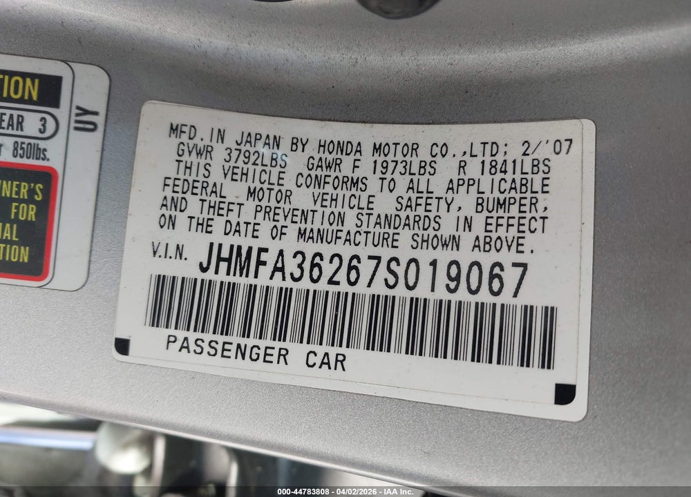 2007 HONDA CIVIC HYBRID VIN: JHMFA36267S019067