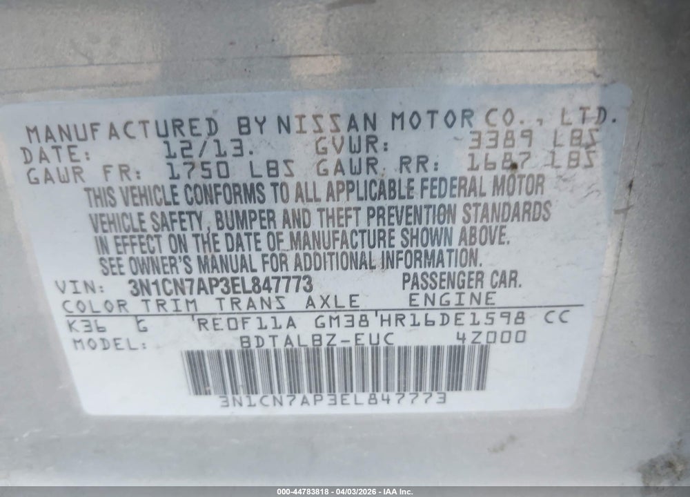 2014 NISSAN VERSA 1.6 SV VIN: 3N1CN7AP3EL847773