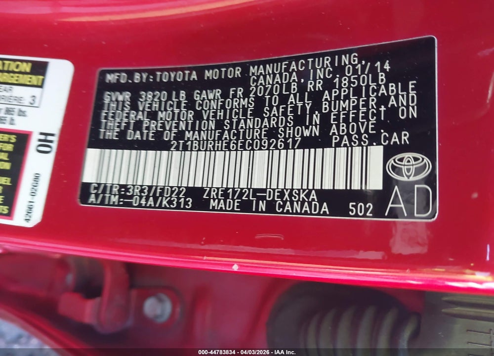 2014 TOYOTA COROLLA S PLUS VIN: 2T1BURHE6EC092617