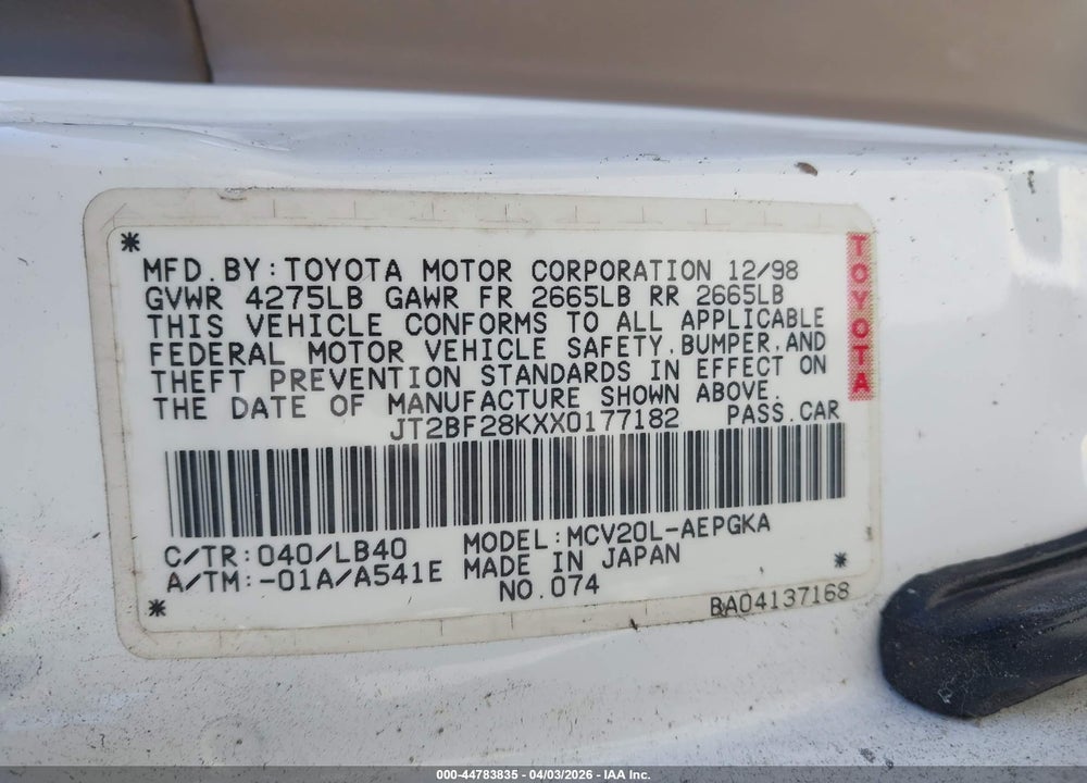 1999 TOYOTA CAMRY XLE V6 VIN: JT2BF28KXX0177182