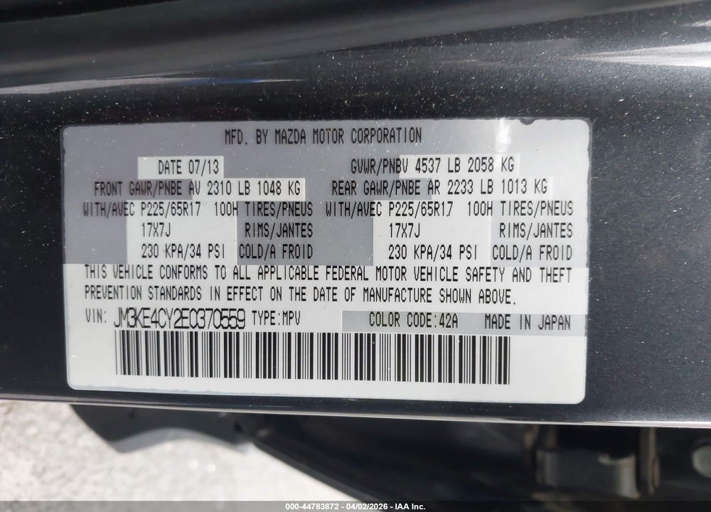 2014 MAZDA CX-5 TOURING VIN: JM3KE4CY2E0370559
