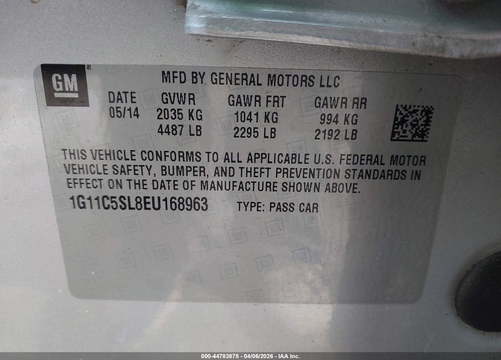 2014 CHEVROLET MALIBU 1LT VIN: 1G11C5SL8EU168963
