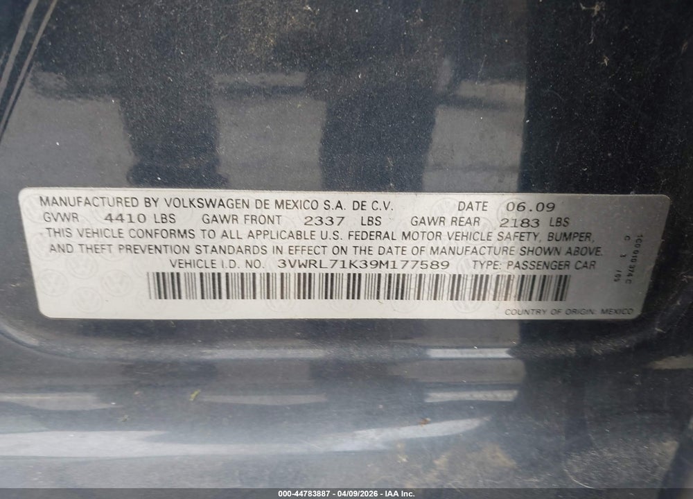 2009 VOLKSWAGEN JETTA TDI VIN: 3VWRL71K39M177589