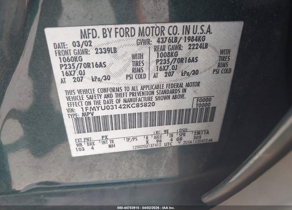 2002 FORD ESCAPE XLT VIN: 1FMYU03142KC85820