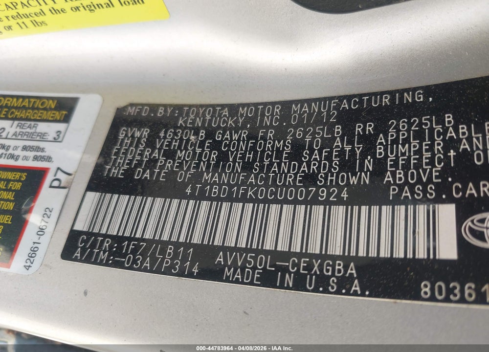 2012 TOYOTA CAMRY HYBRID XLE VIN: 4T1BD1FK0CU007924