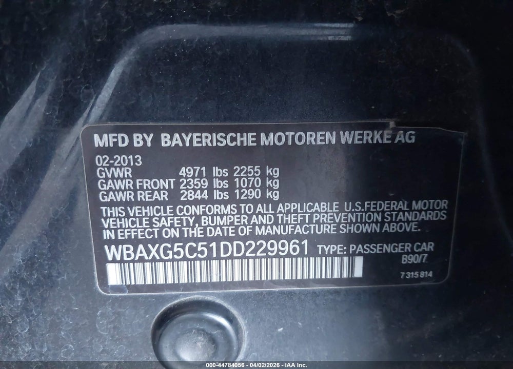 2013 BMW 528I VIN: WBAXG5C51DD229961