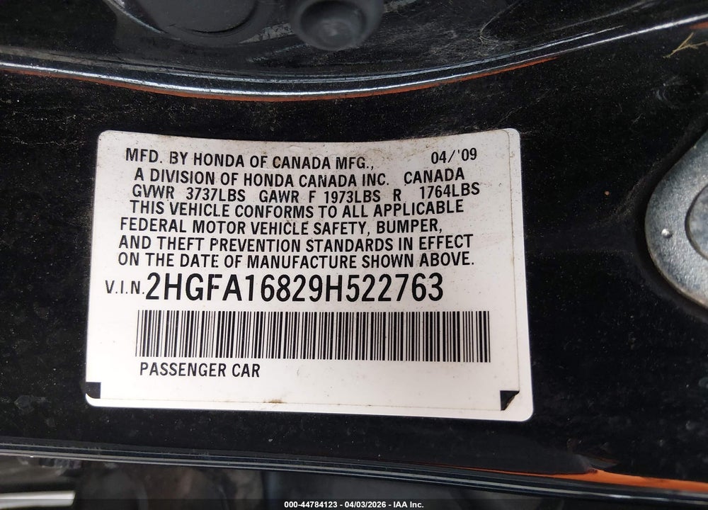 2009 HONDA CIVIC EX VIN: 2HGFA16829H522763