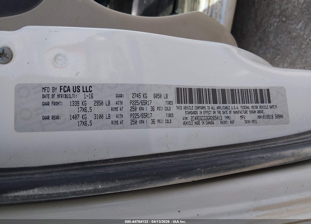 2016 DODGE GRAND CARAVAN SXT VIN: 2C4RDGCG3GR265413