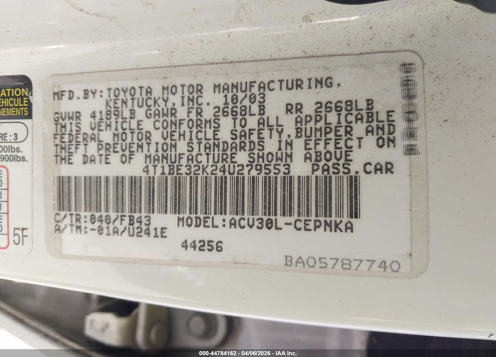 2004 TOYOTA CAMRY LE VIN: 4T1BE32K24U279553