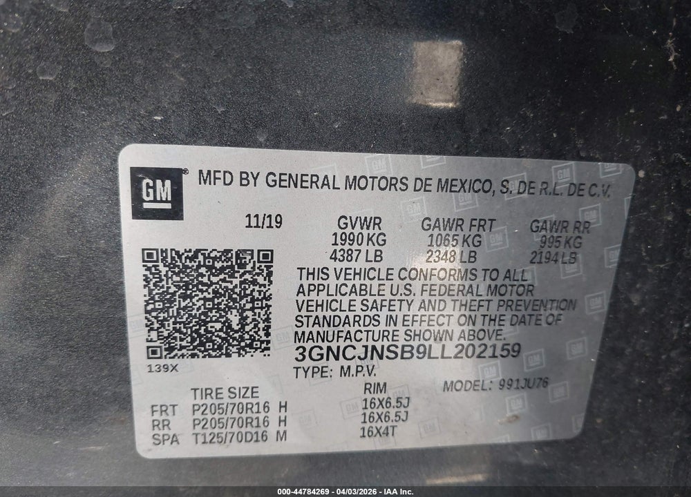 2020 CHEVROLET TRAX AWD LS VIN: 3GNCJNSB9LL202159