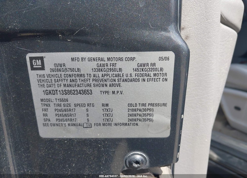 2006 GMC ENVOY SLT VIN: 1GKDT13S862343653