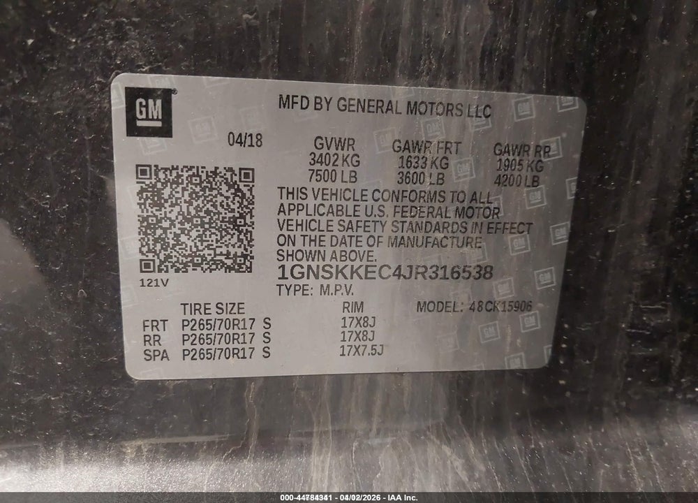 2018 CHEVROLET SUBURBAN COMMERCIAL FLEET VIN: 1GNSKKEC4JR316538