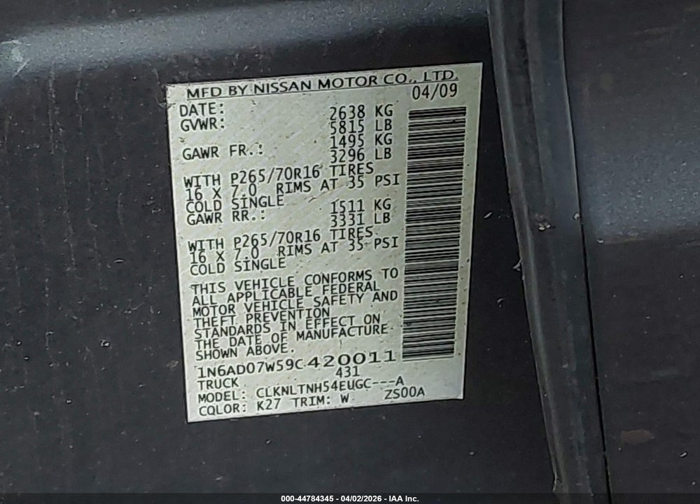 2009 NISSAN FRONTIER SE VIN: 1N6AD07W59C420011