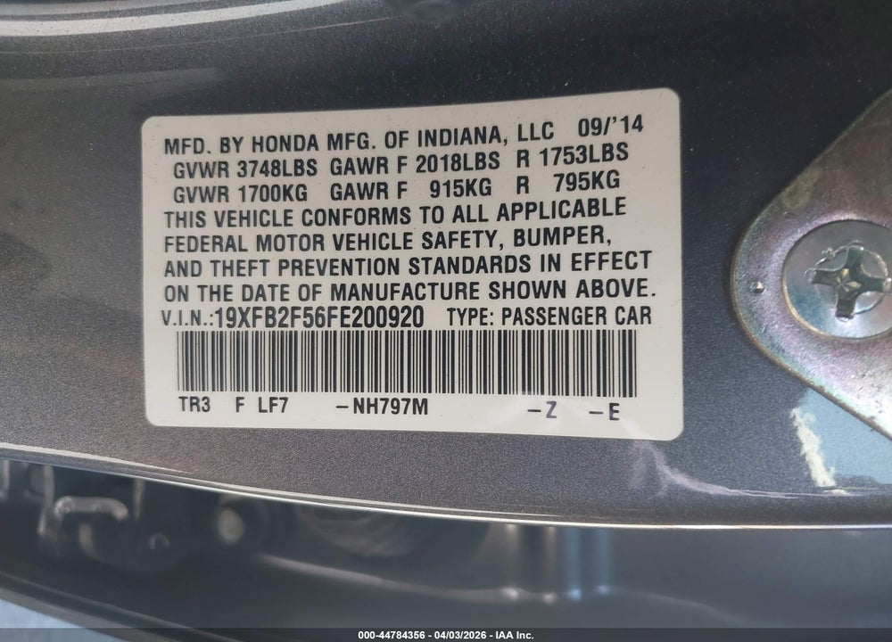 2015 HONDA CIVIC LX VIN: 19XFB2F56FE200920