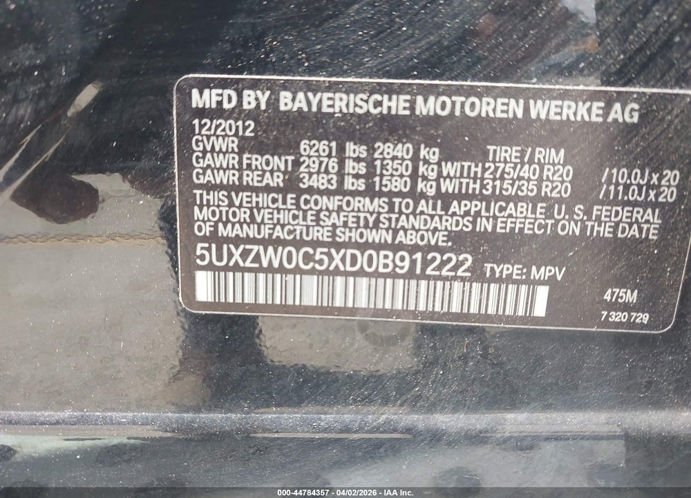 2013 BMW X5 XDRIVE35D VIN: 5UXZW0C5XD0B91222