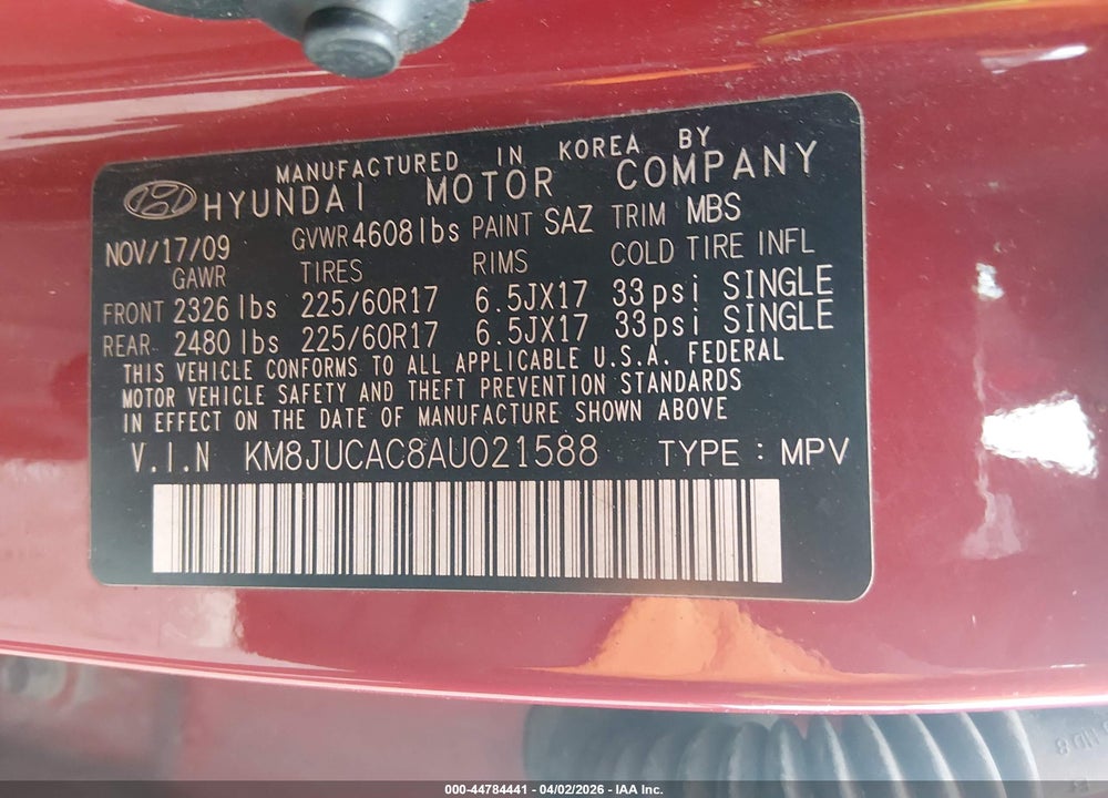 2010 HYUNDAI TUCSON GLS VIN: KM8JUCAC8AU021588