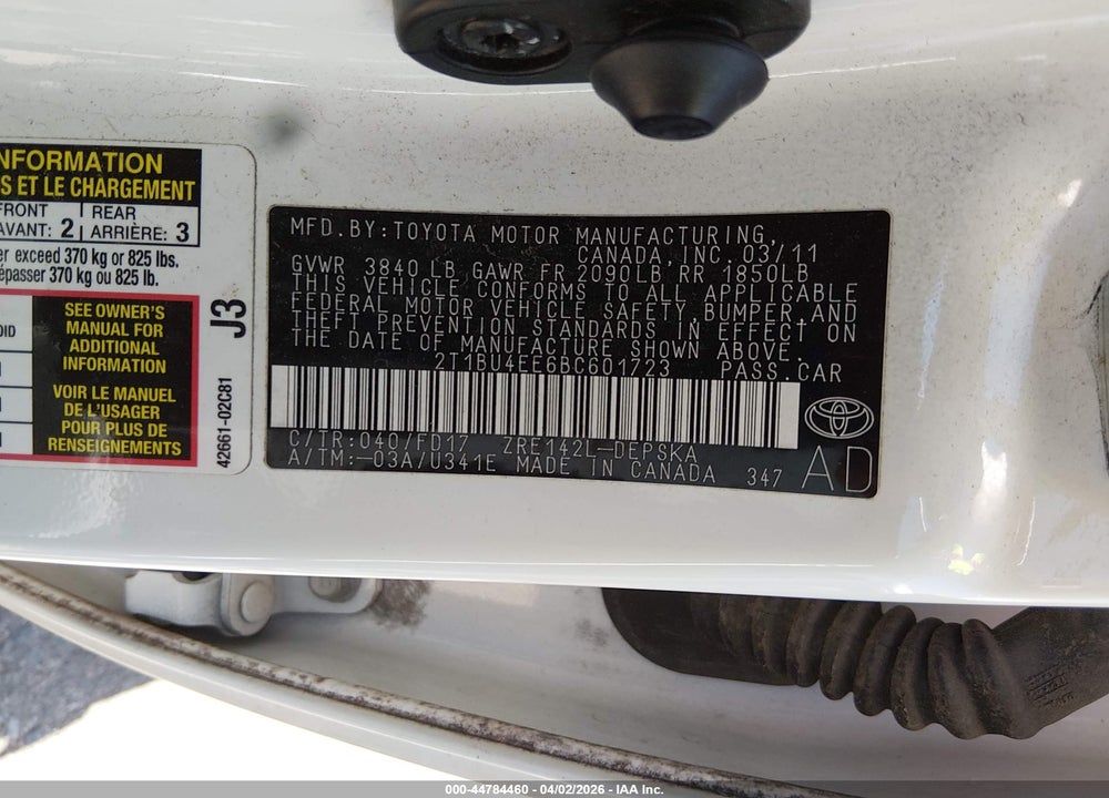 2011 TOYOTA COROLLA S VIN: 2T1BU4EE6BC601723