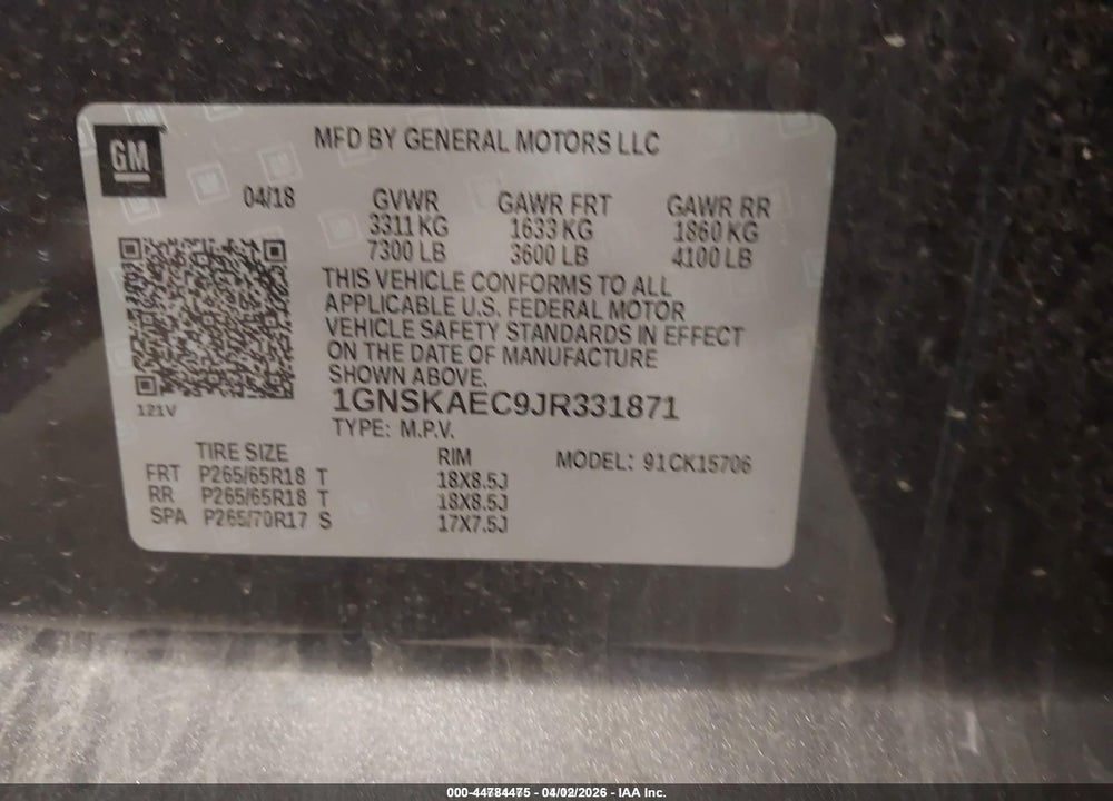 2018 CHEVROLET TAHOE LS VIN: 1GNSKAEC9JR331871