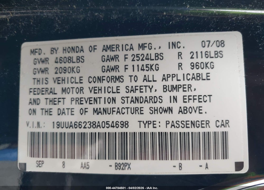 2008 ACURA TL 3.2 VIN: 19UUA66238A054698