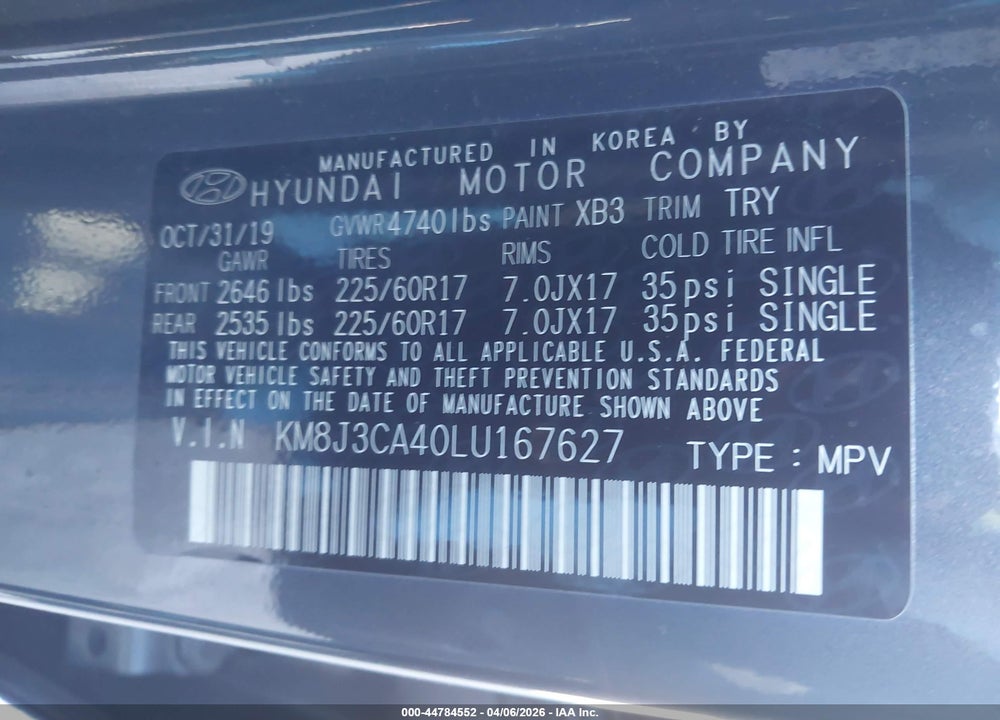 2020 HYUNDAI TUCSON VALUE VIN: KM8J3CA40LU167627