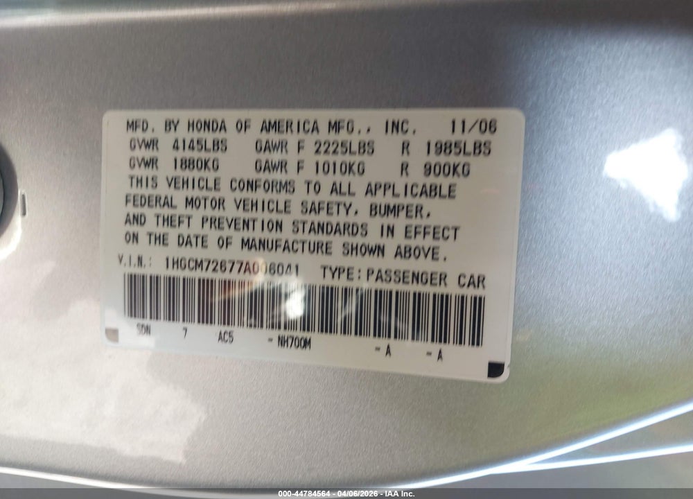 2007 HONDA ACCORD 2.4 EX VIN: 1HGCM72677A006041