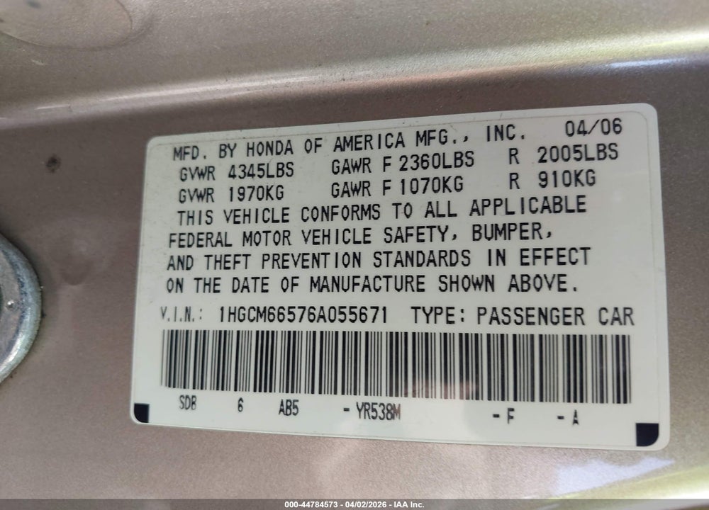 2006 HONDA ACCORD 3.0 EX VIN: 1HGCM66576A055671