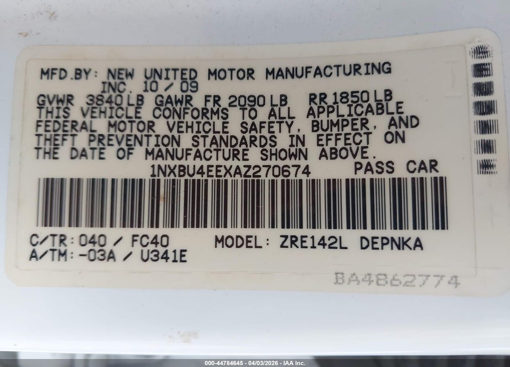 2010 TOYOTA COROLLA XLE VIN: 1NXBU4EEXAZ270674