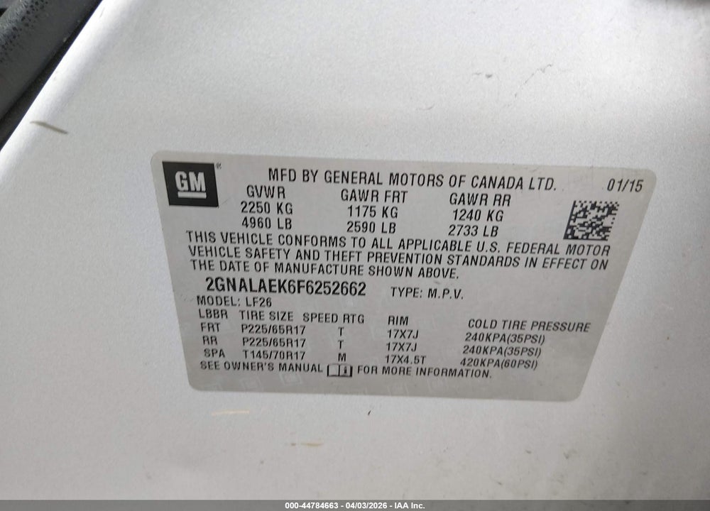 2015 CHEVROLET EQUINOX LS VIN: 2GNALAEK6F6252662
