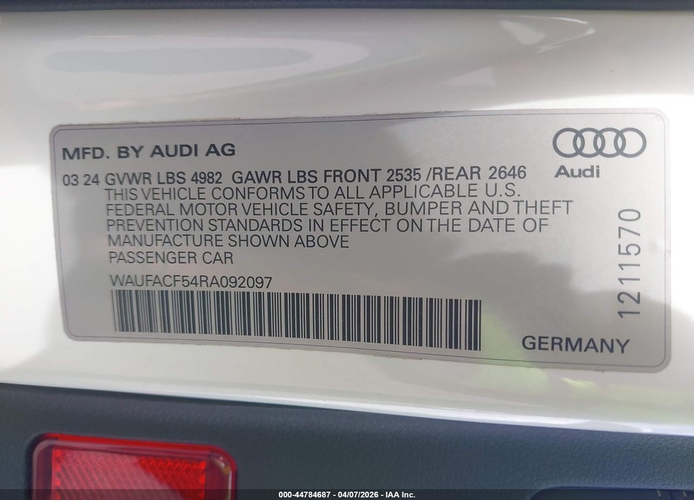 2024 AUDI A5 SPORTBACK PREMIUM PLUS 45 TFSI QUATTRO S TRONIC VIN: WAUFACF54RA092097