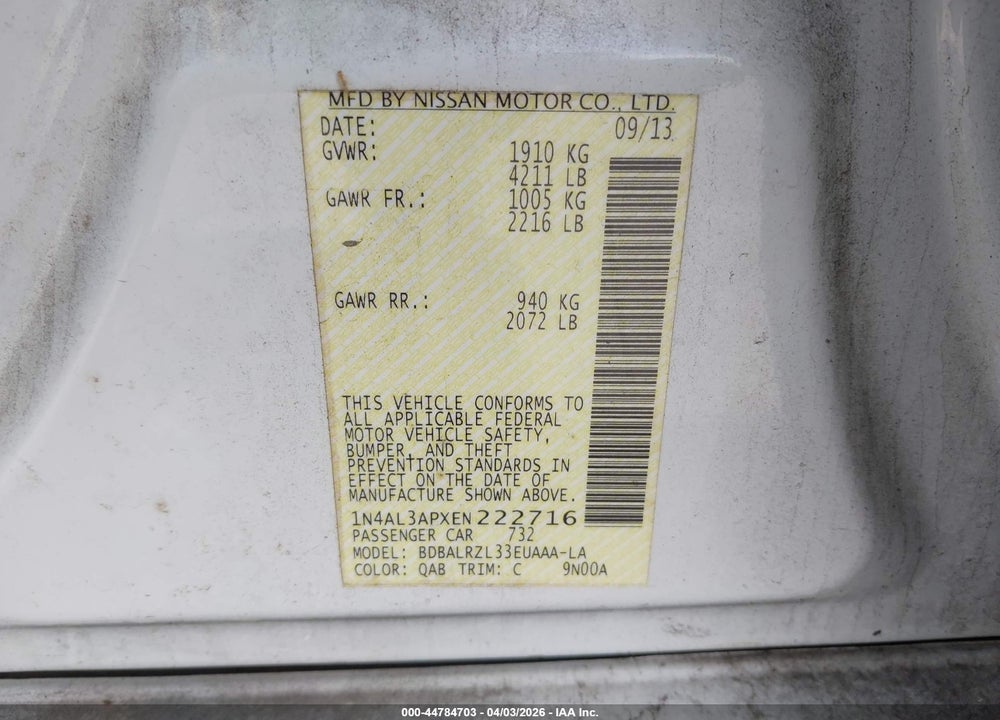 2014 NISSAN ALTIMA 2.5 S VIN: 1N4AL3APXEN222716