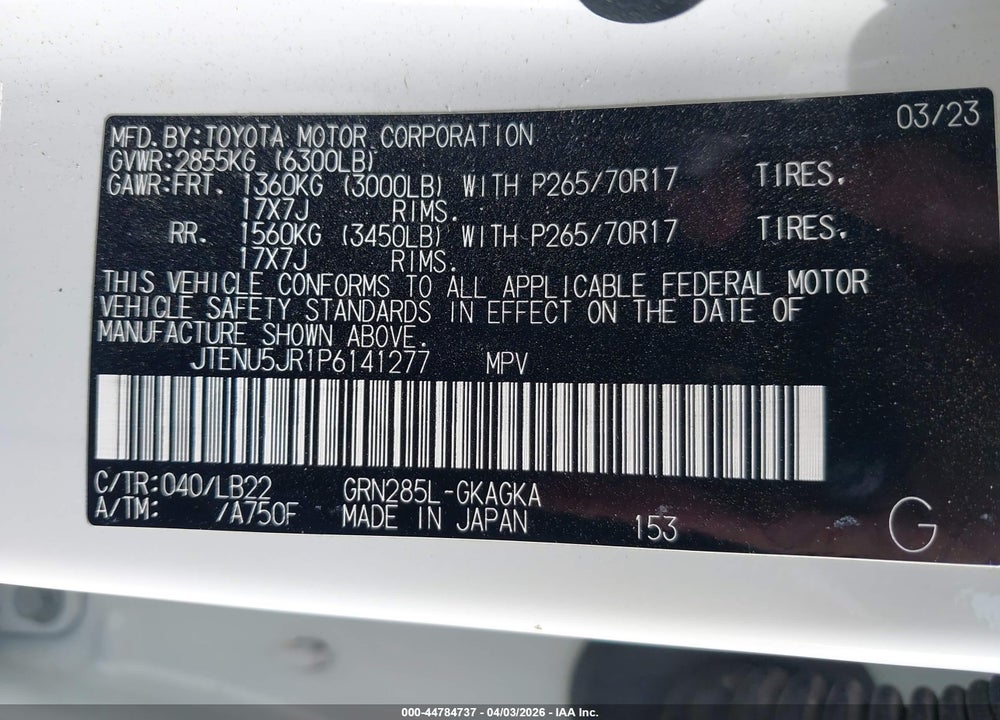 2023 TOYOTA 4RUNNER VIN: JTENU5JR1P6141277