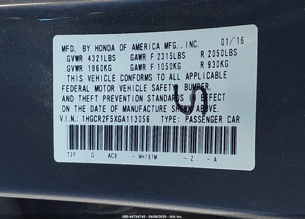 2016 HONDA ACCORD SPORT VIN: 1HGCR2F5XGA113056