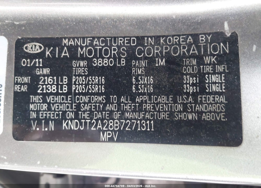 2011 KIA SOUL + VIN: KNDJT2A28B7271311