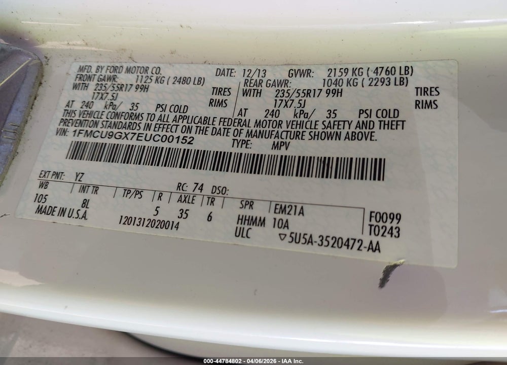 2014 FORD ESCAPE SE VIN: 1FMCU9GX7EUC00152