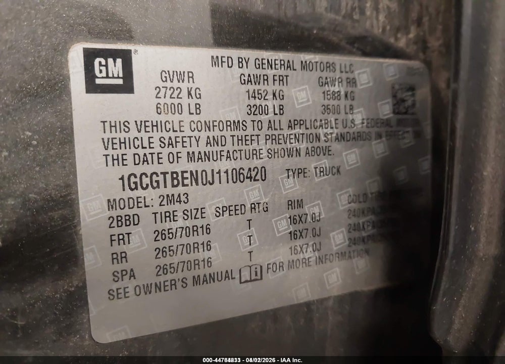 2018 CHEVROLET COLORADO WT VIN: 1GCGTBEN0J1106420