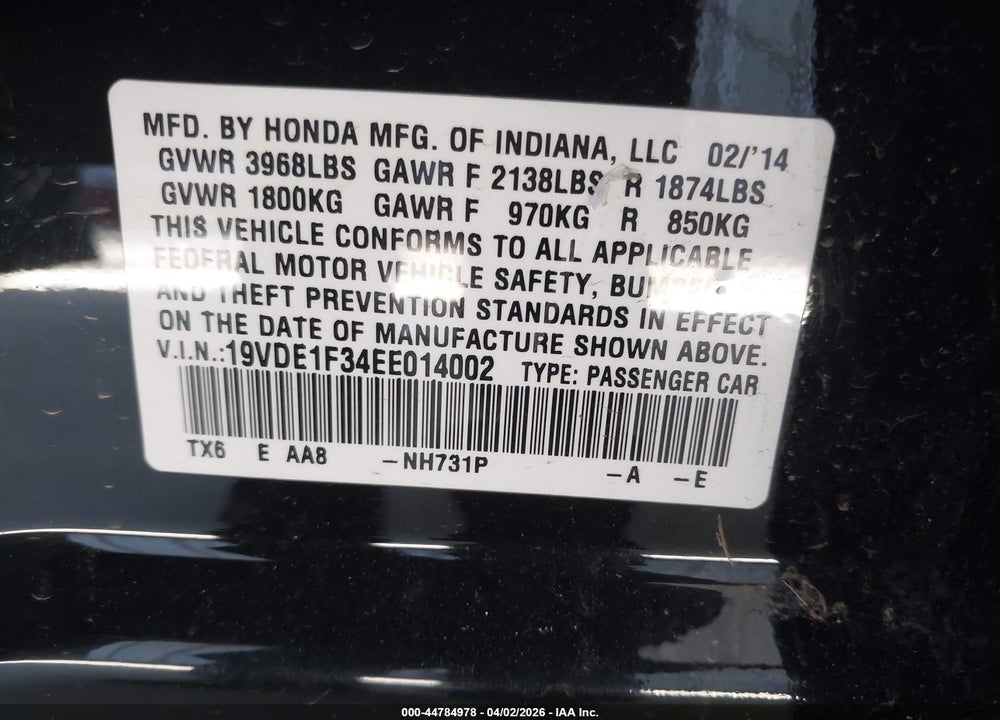 2014 ACURA ILX 2.0L VIN: 19VDE1F34EE014002
