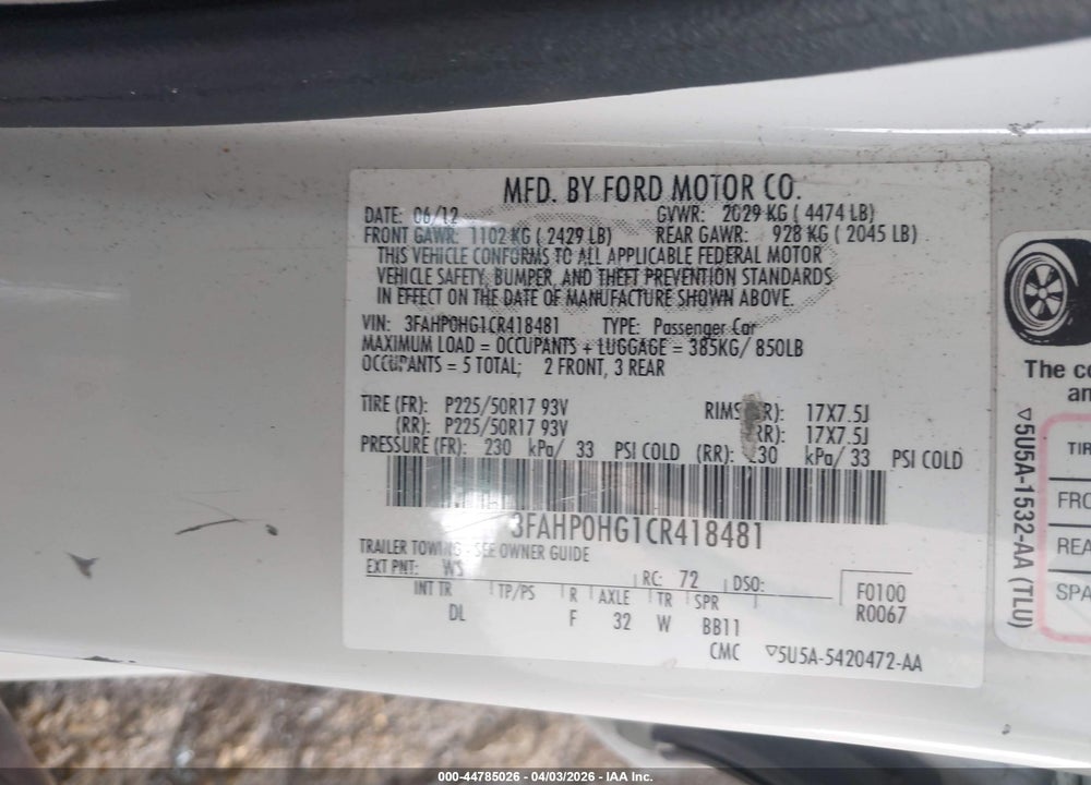 2012 FORD FUSION SE VIN: 3FAHP0HG1CR418481