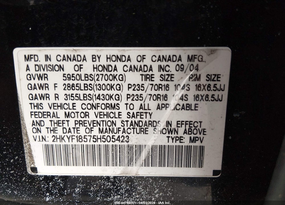 2005 HONDA PILOT EX-L VIN: 2HKYF18575H505423
