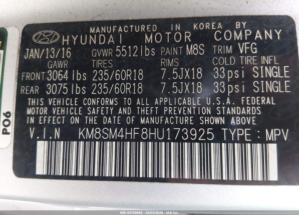 2017 HYUNDAI SANTA FE SE VIN: KM8SM4HF8HU173925
