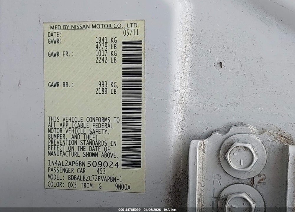 2011 NISSAN ALTIMA 2.5 S VIN: 1N4AL2AP6BN509024
