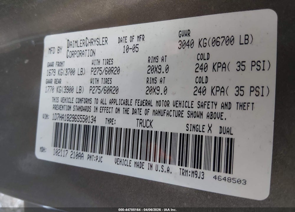 2006 DODGE RAM 1500 SLT VIN: 1D7HA18296S550134