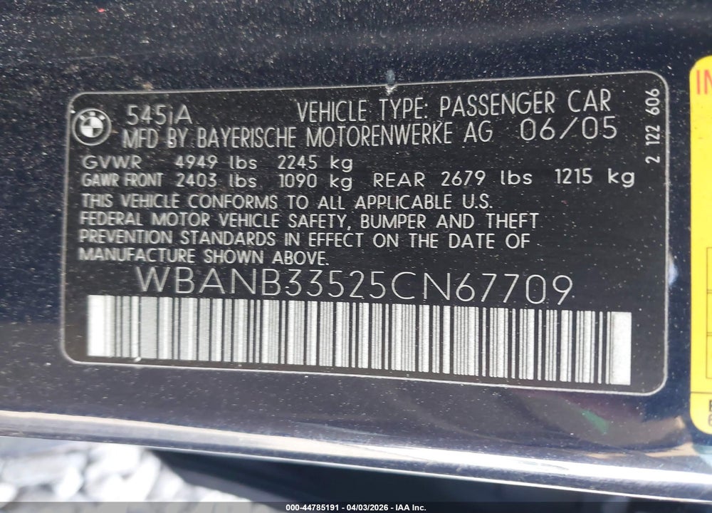2005 BMW 5 SERIES 545I VIN: WBANB33525CN67709